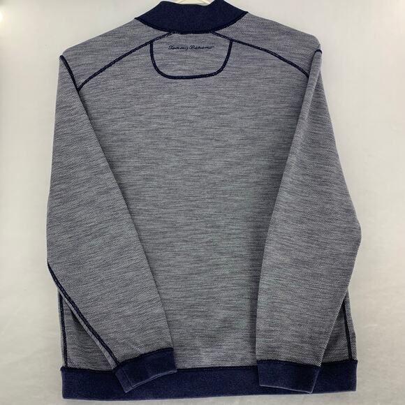 Tommy Bahama Flip Coast 1/4 Zip Sweater, Reversible Gray to Blue Striped - Picture 2 of 14